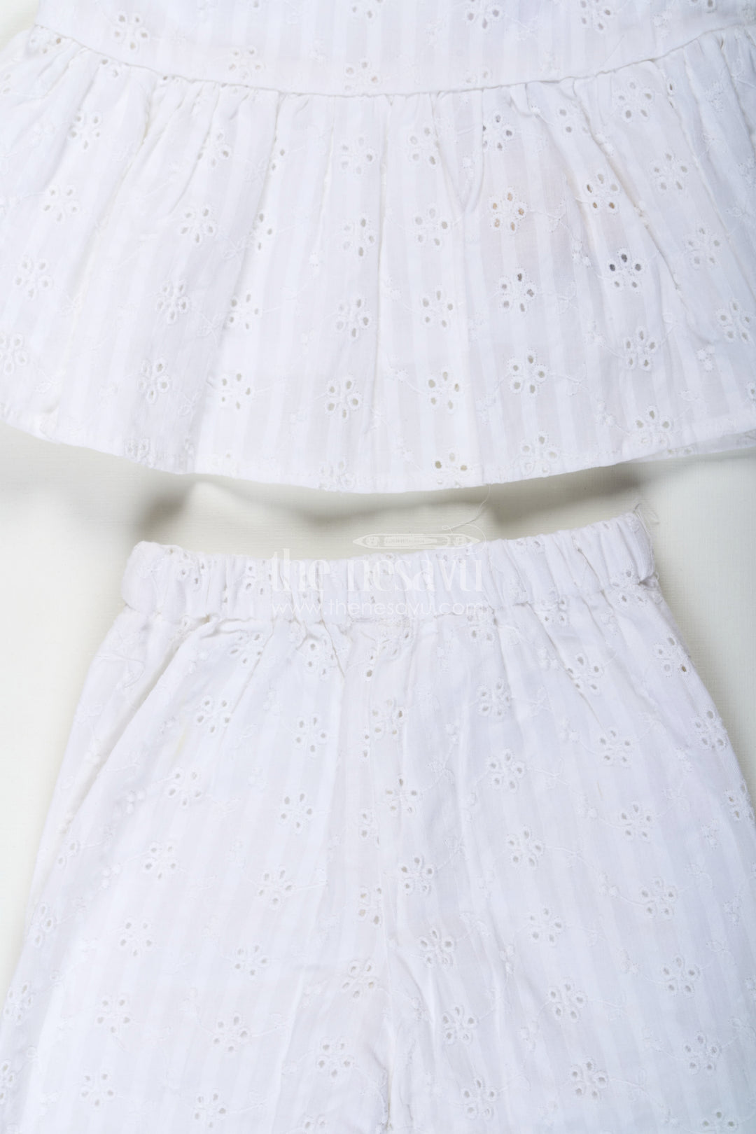 Girls White Party Wear Set in Hakoba Cotton with Bow-Tie Straps and Elegant Embroidery