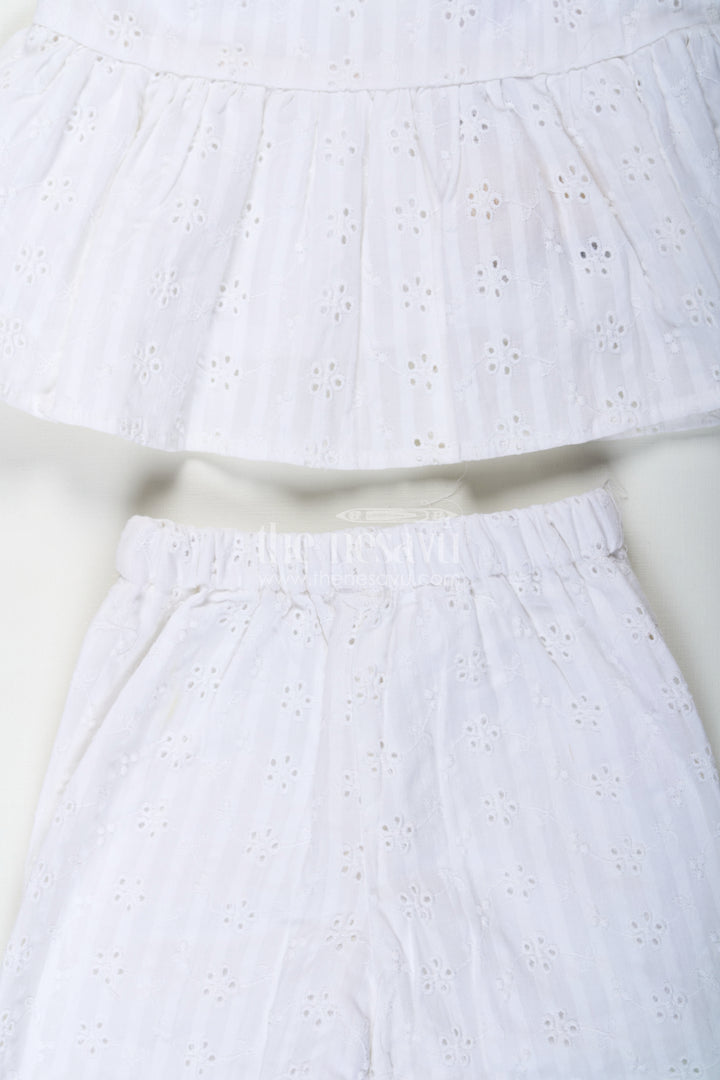 Girls White Party Wear Set in Hakoba Cotton with Bow-Tie Straps and Elegant Embroidery