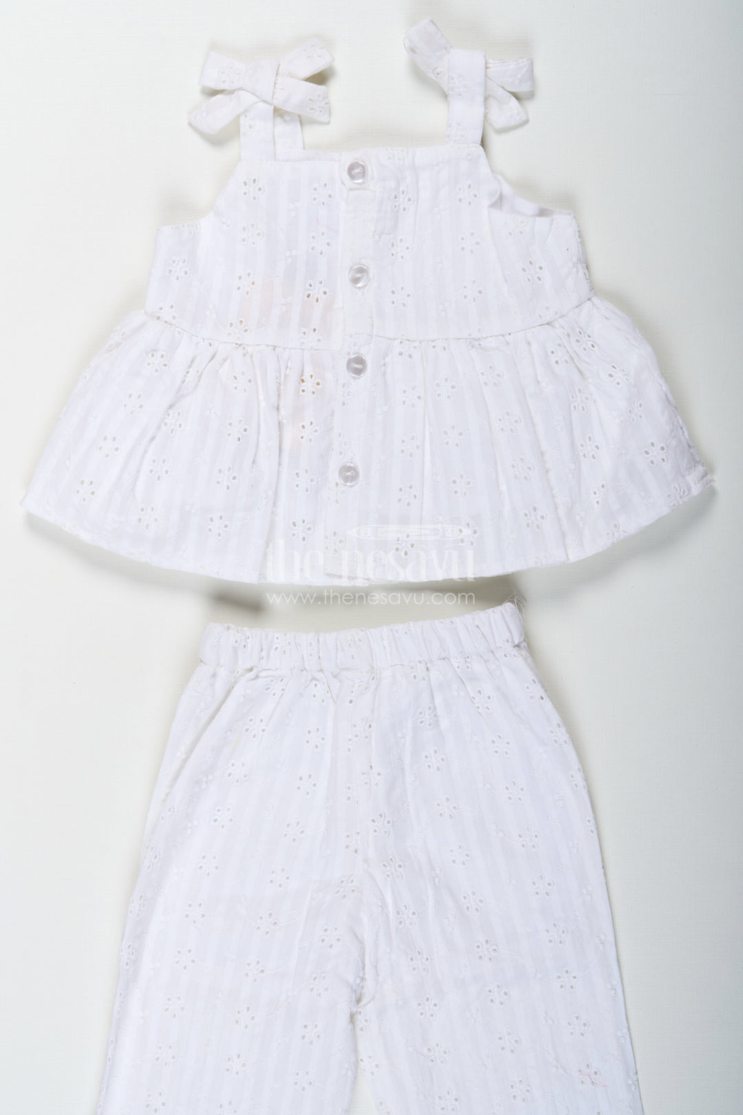 Girls White Party Wear Set in Hakoba Cotton with Bow-Tie Straps and Elegant Embroidery