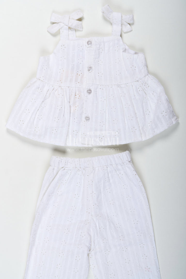 Girls White Party Wear Set in Hakoba Cotton with Bow-Tie Straps and Elegant Embroidery