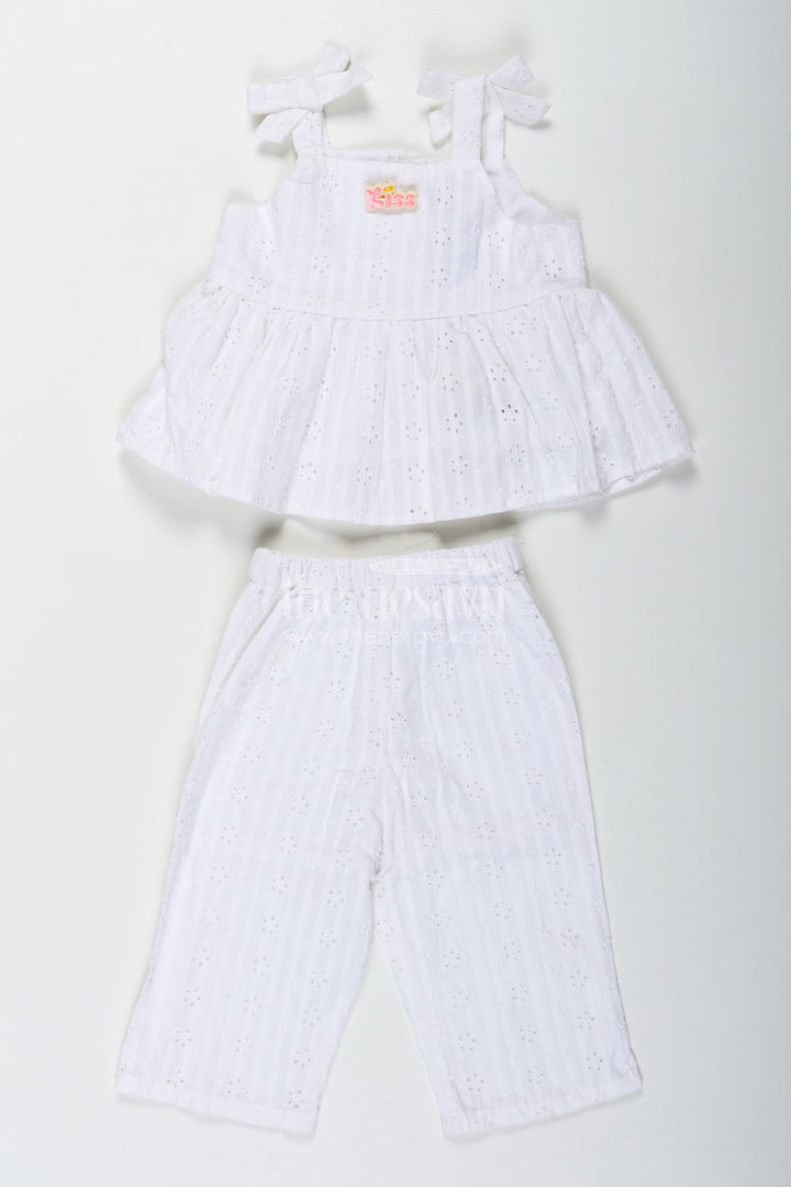 Girls White Party Wear Set in Hakoba Cotton with Bow-Tie Straps and Elegant Embroidery