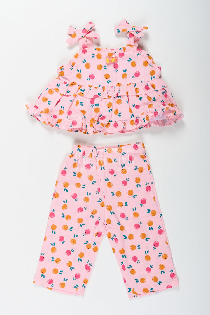 Girls Muslin Pink Ethnic Wear Set with Ruffle Top and Printed Pants for Comfortable Everyday Style