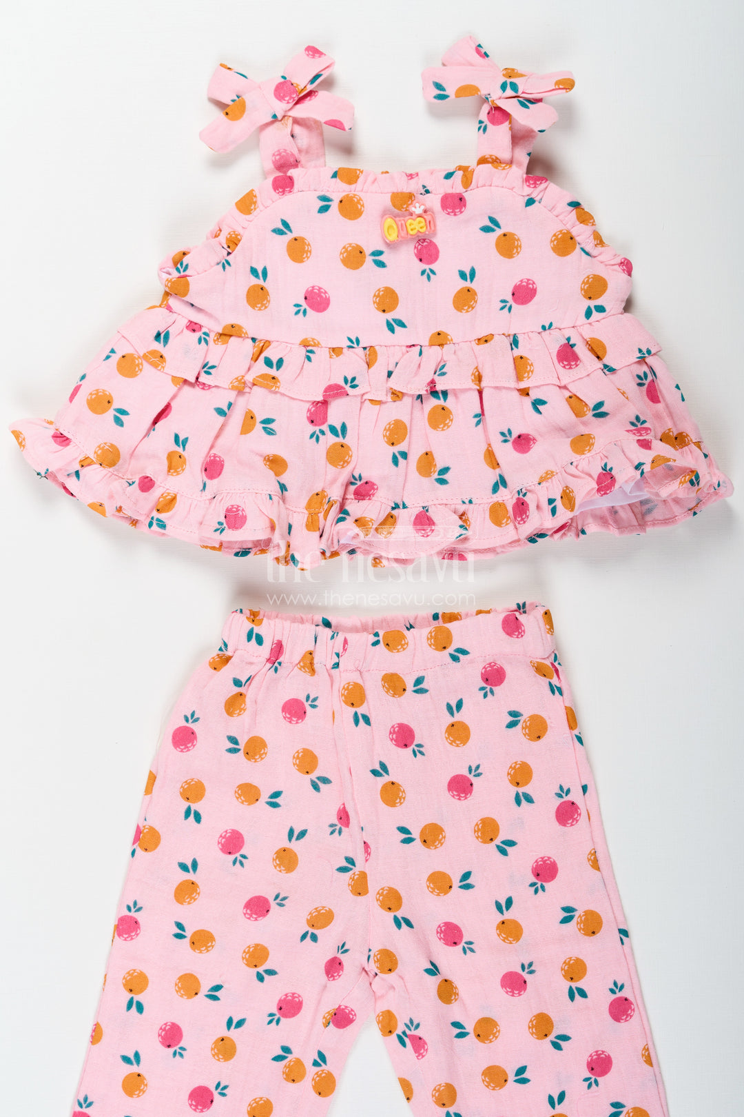 Girls Muslin Pink Ethnic Wear Set with Ruffle Top and Printed Pants for Comfortable Everyday Style