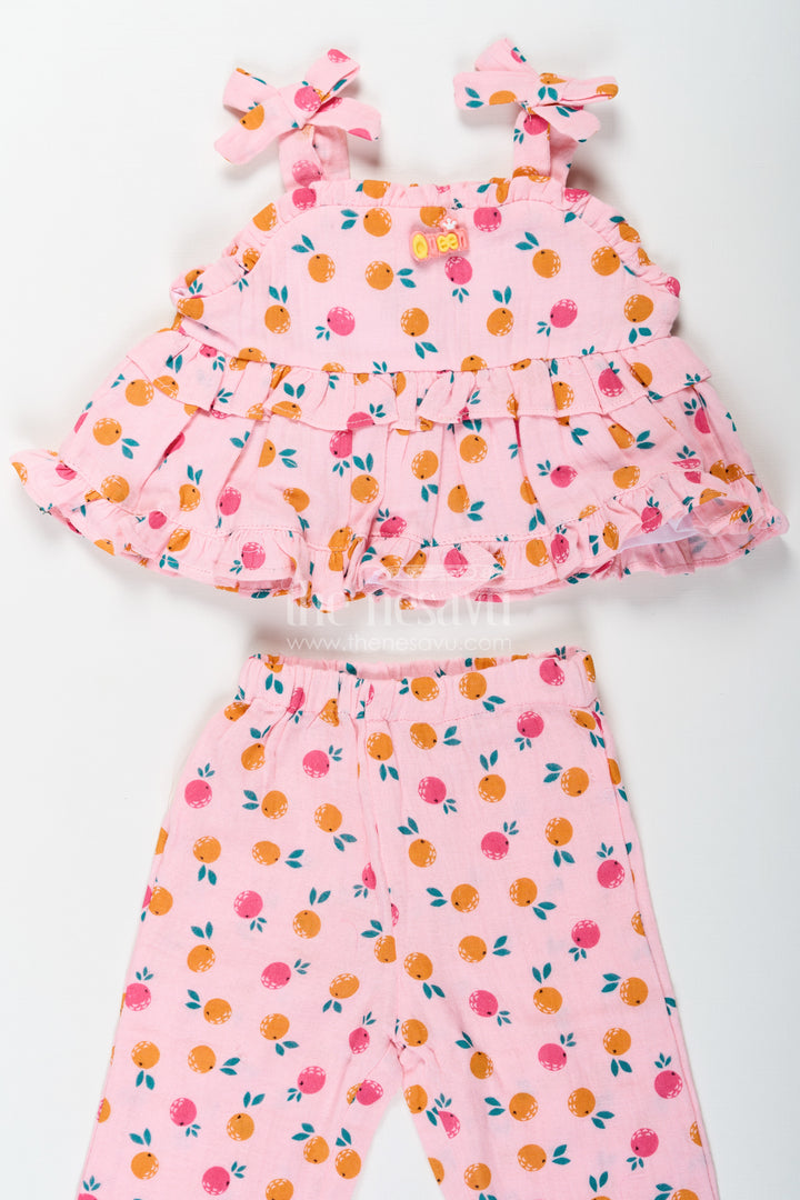 Girls Muslin Pink Ethnic Wear Set with Ruffle Top and Printed Pants for Comfortable Everyday Style