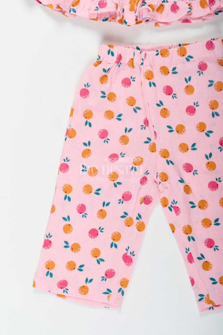 Girls Muslin Pink Ethnic Wear Set with Ruffle Top and Printed Pants for Comfortable Everyday Style