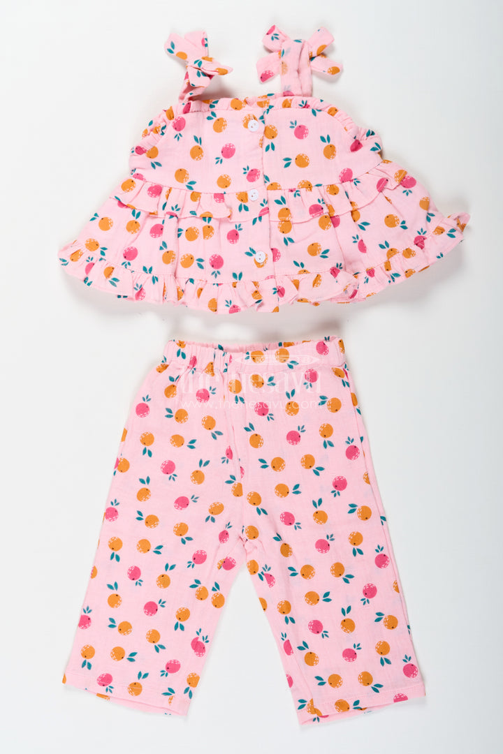 Girls Muslin Pink Ethnic Wear Set with Ruffle Top and Printed Pants for Comfortable Everyday Style