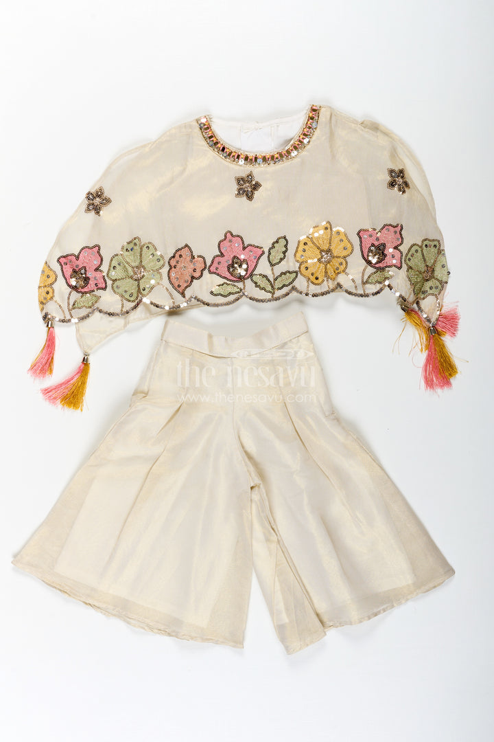 Cream Color Sharara Set for Girls in Shimmer Viscose Silk with Designer Embroidered Cape and Tassels