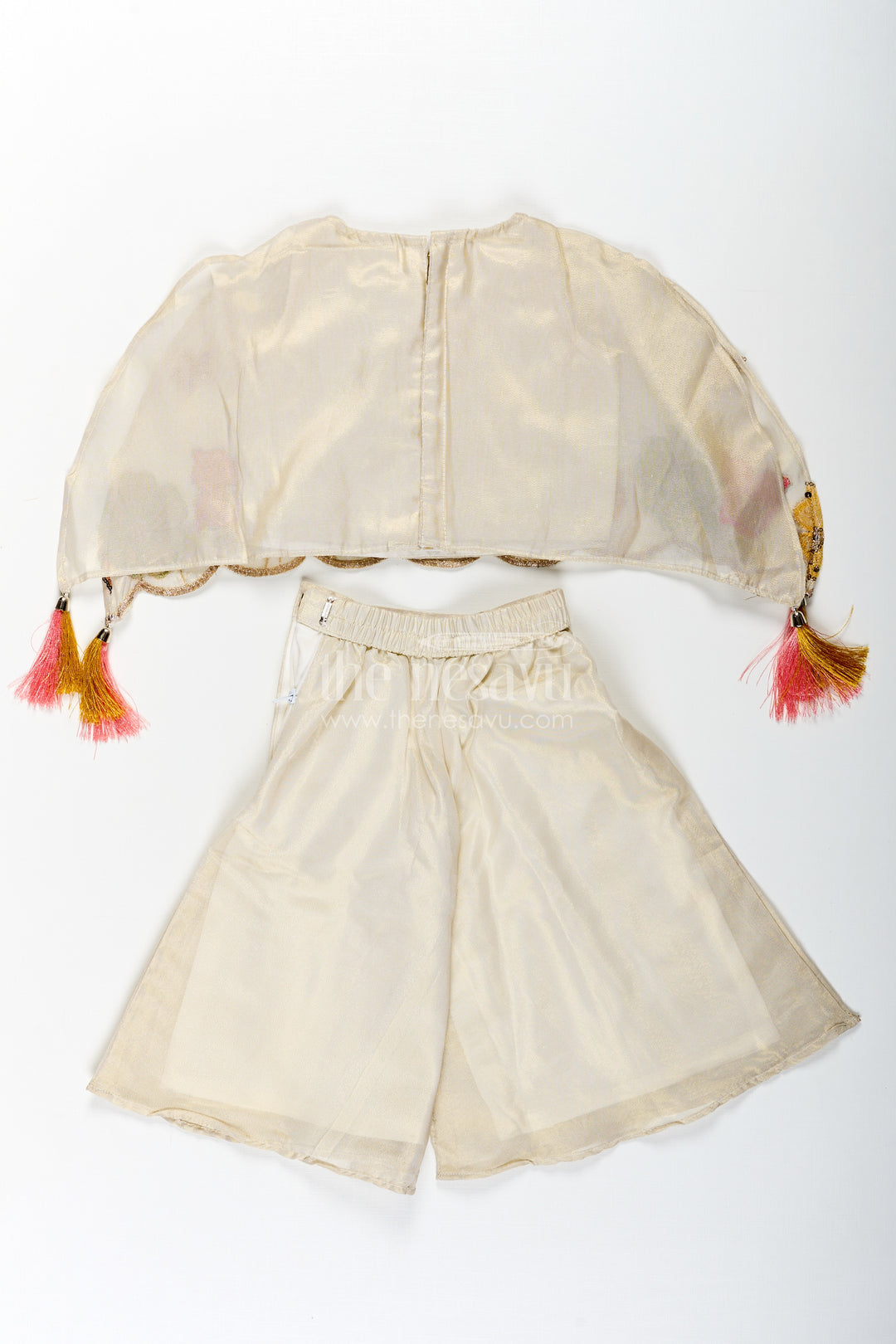 Cream Color Sharara Set for Girls in Shimmer Viscose Silk with Designer Embroidered Cape and Tassels