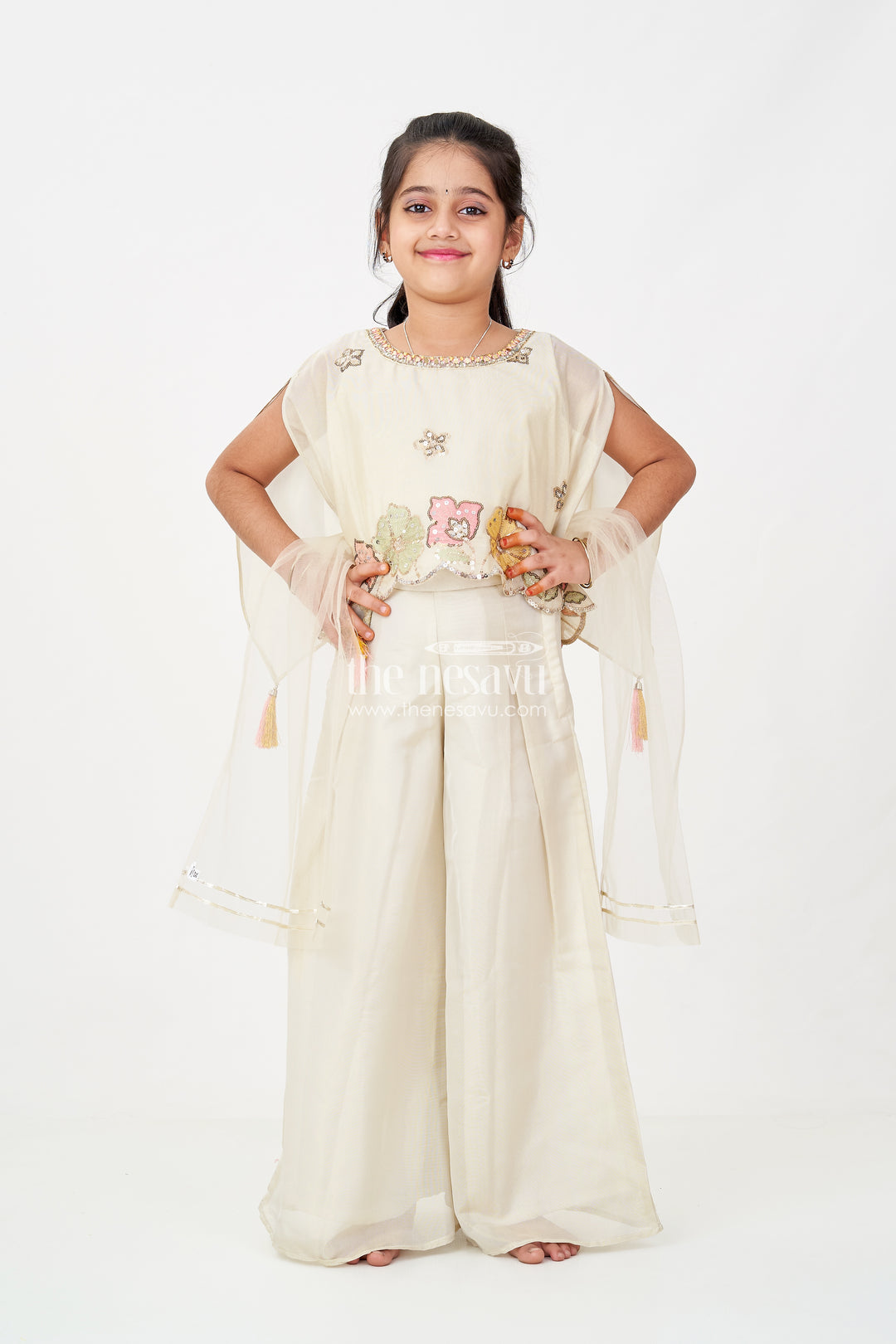 Cream Color Sharara Set for Girls in Shimmer Viscose Silk with Designer Embroidered Cape and Tassels