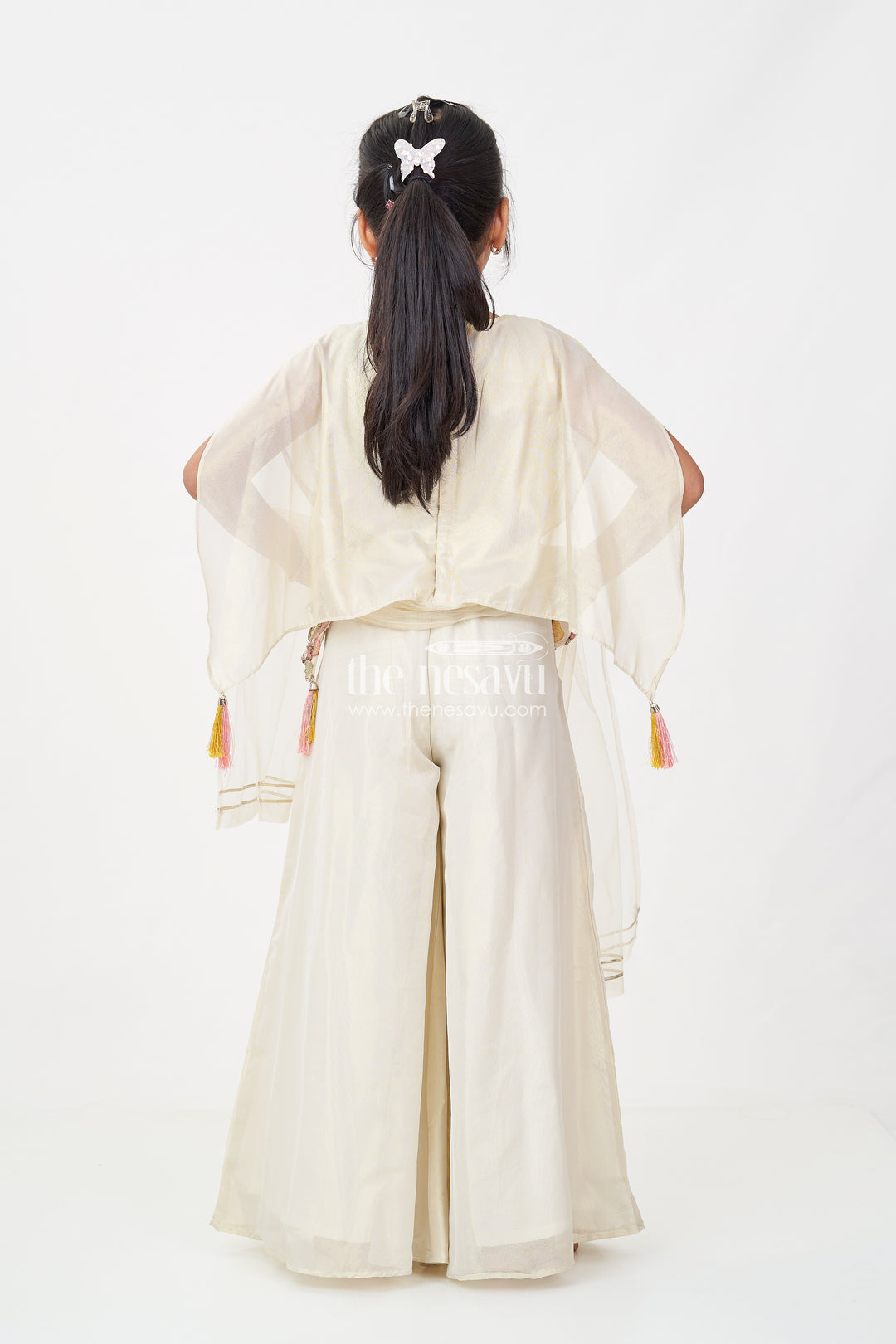 Cream Color Sharara Set for Girls in Shimmer Viscose Silk with Designer Embroidered Cape and Tassels