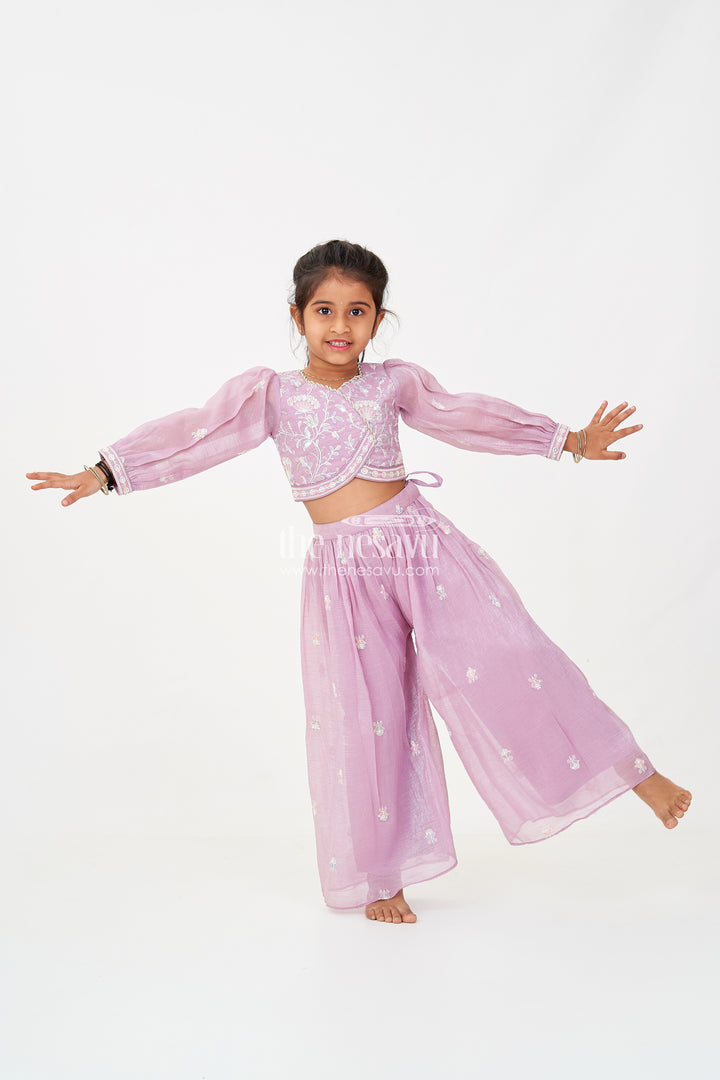 Sharara Purple Set for Girls in Organza with Sequence Thread Embroidery and Long Sleeve Top