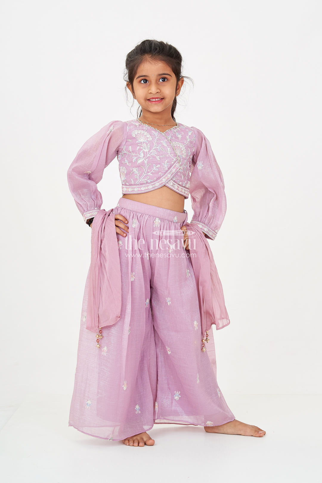 Sharara Purple Set for Girls in Organza with Sequence Thread Embroidery and Long Sleeve Top