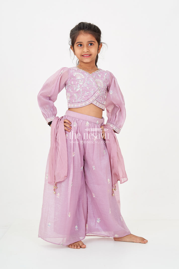 Sharara Purple Set for Girls in Organza with Sequence Thread Embroidery and Long Sleeve Top