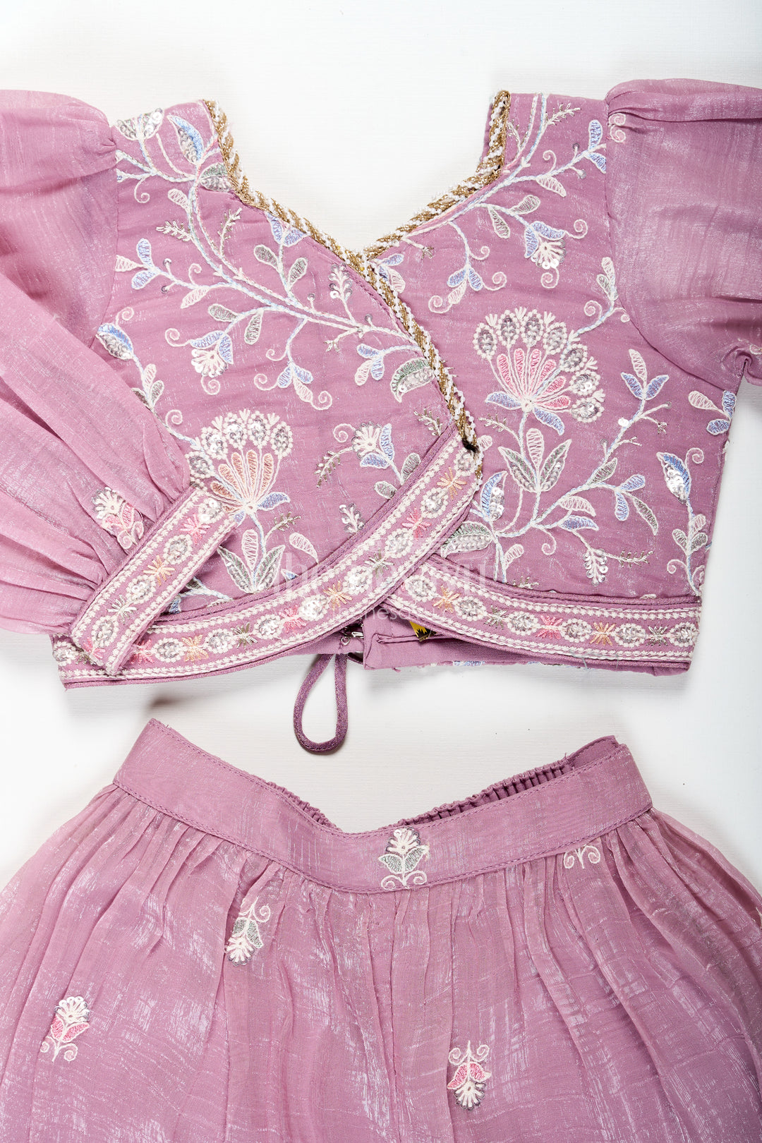 Sharara Purple Set for Girls in Organza with Sequence Thread Embroidery and Long Sleeve Top