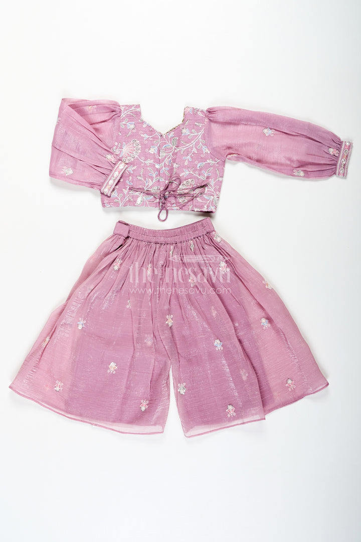 Sharara Purple Set for Girls in Organza with Sequence Thread Embroidery and Long Sleeve Top