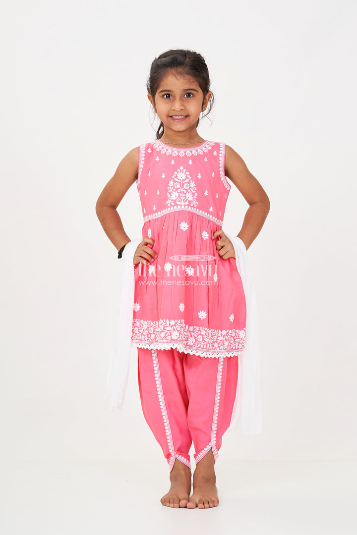 Girls dark pink sharara Set with Rayon Thread Embroidery and White Dupatta for Ethnic Charm