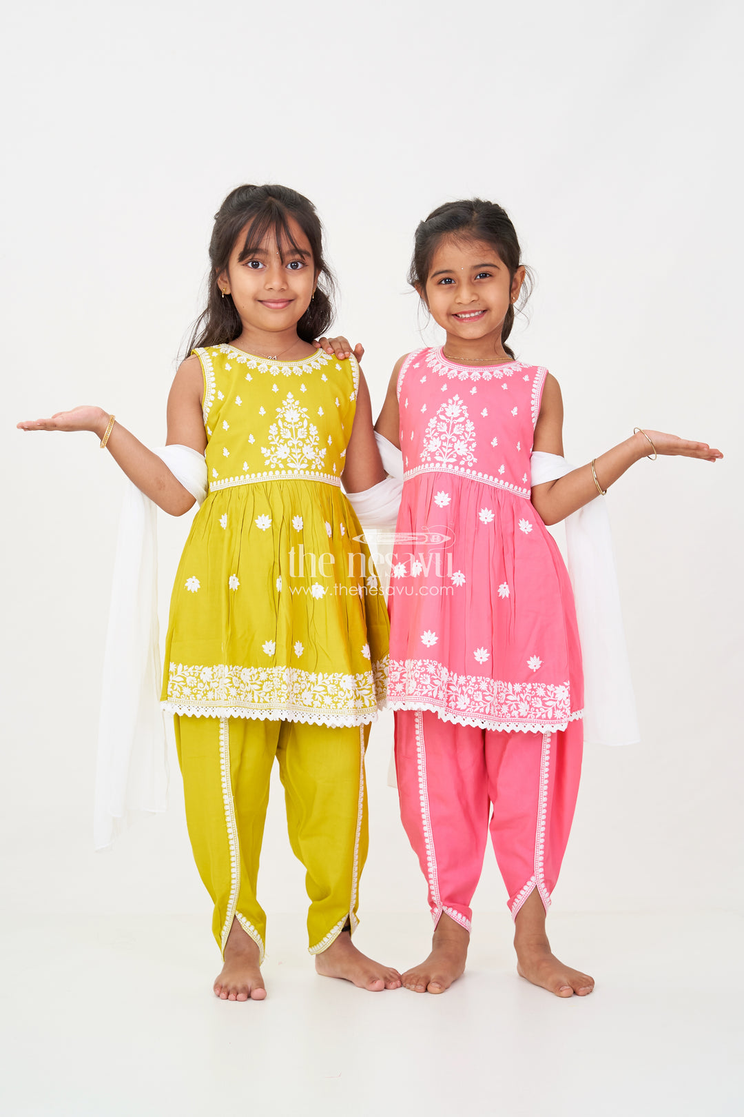 Girls dark pink sharara Set with Rayon Thread Embroidery and White Dupatta for Ethnic Charm