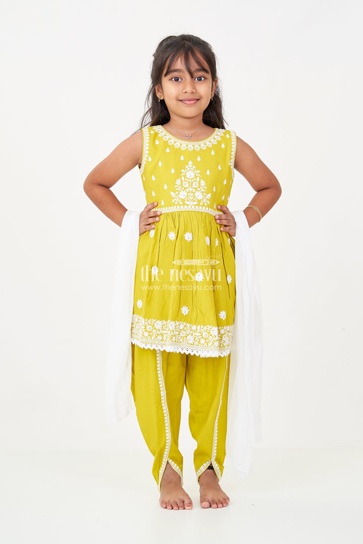 Girls green color sharara Set with White Thread Embroidery and Matching Dupatta for Festive Wear
