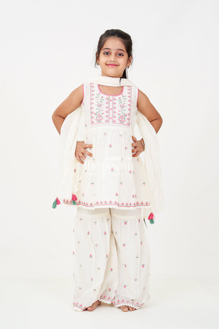 Girls white sharara set with Floral Embroidered Cotton Kurti and Tassel Dupatta for Graceful Outings