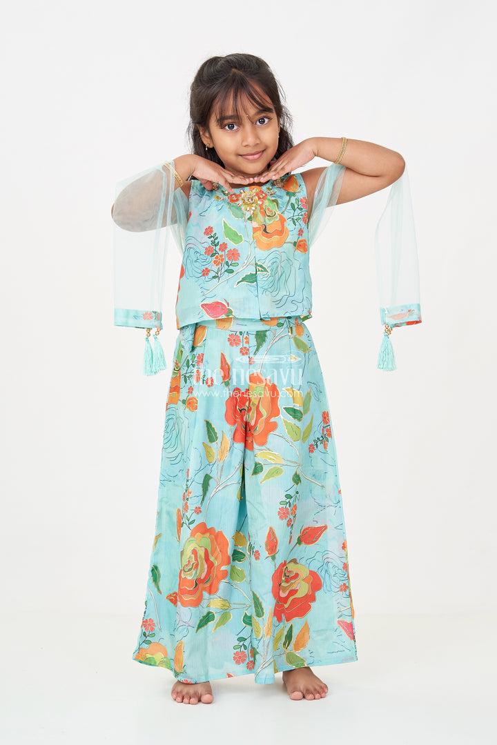 Girls green sharara for mehendi with Chinon Silk Floral Digital Print and Embellished Neckline