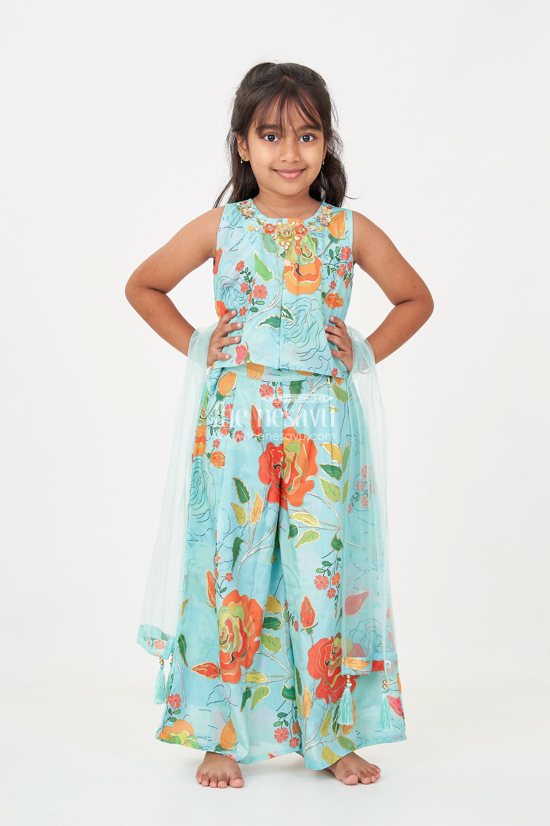 Girls green sharara for mehendi with Chinon Silk Floral Digital Print and Embellished Neckline