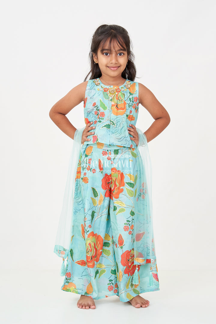 Girls green sharara for mehendi with Chinon Silk Floral Digital Print and Embellished Neckline