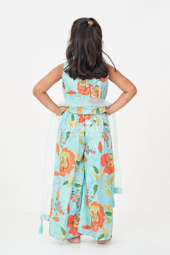 Girls green sharara for mehendi with Chinon Silk Floral Digital Print and Embellished Neckline