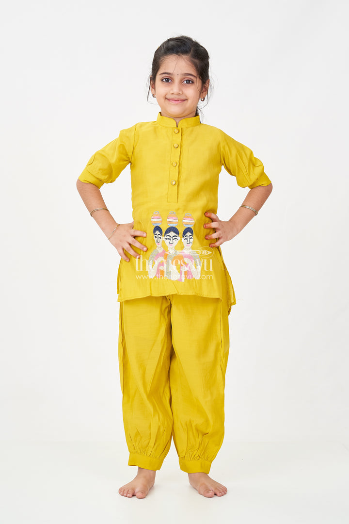 Girls lemon yellow sharara Set in Modal Silk with Artistic Embroidery and Statement Kurti Design