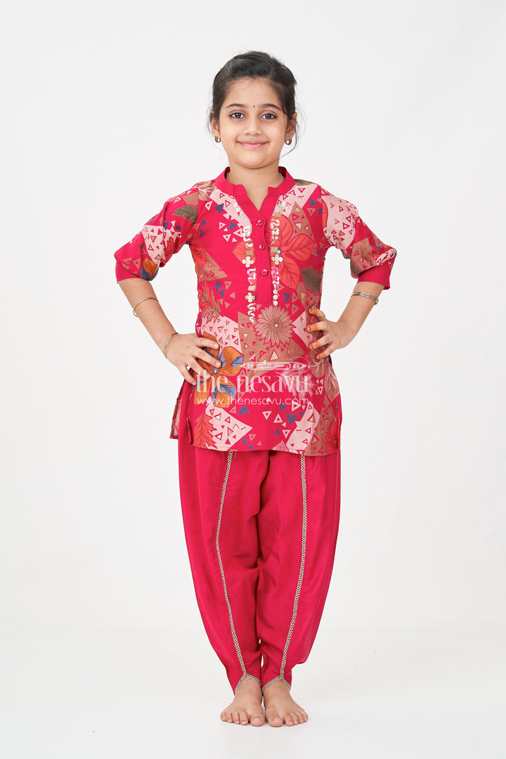 Girls hot pink sharara Set in Floral Modal Silk with Embroidery Accents for Festive Flair