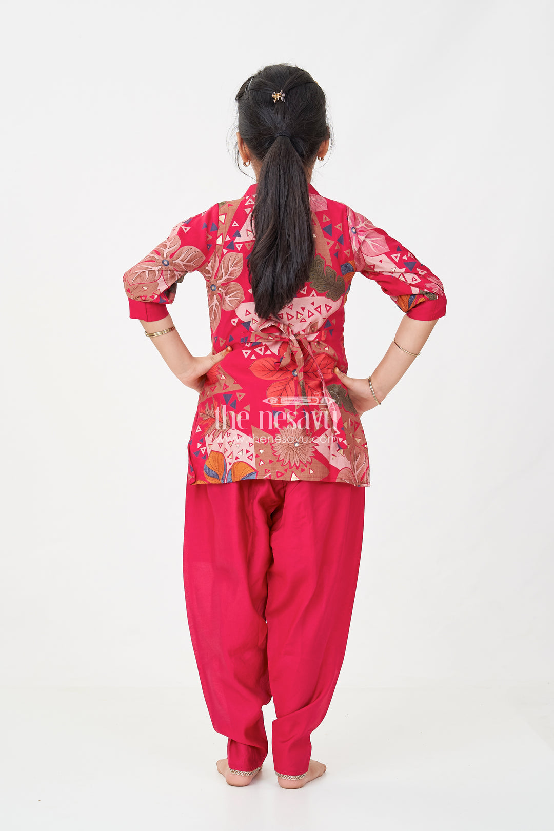 Girls hot pink sharara Set in Floral Modal Silk with Embroidery Accents for Festive Flair