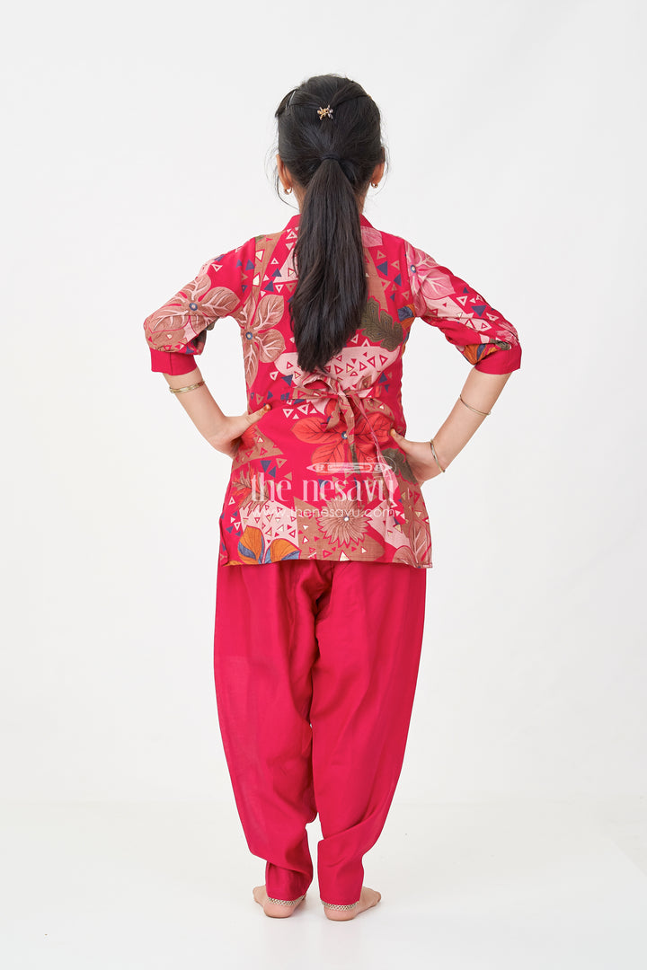 Girls hot pink sharara Set in Floral Modal Silk with Embroidery Accents for Festive Flair