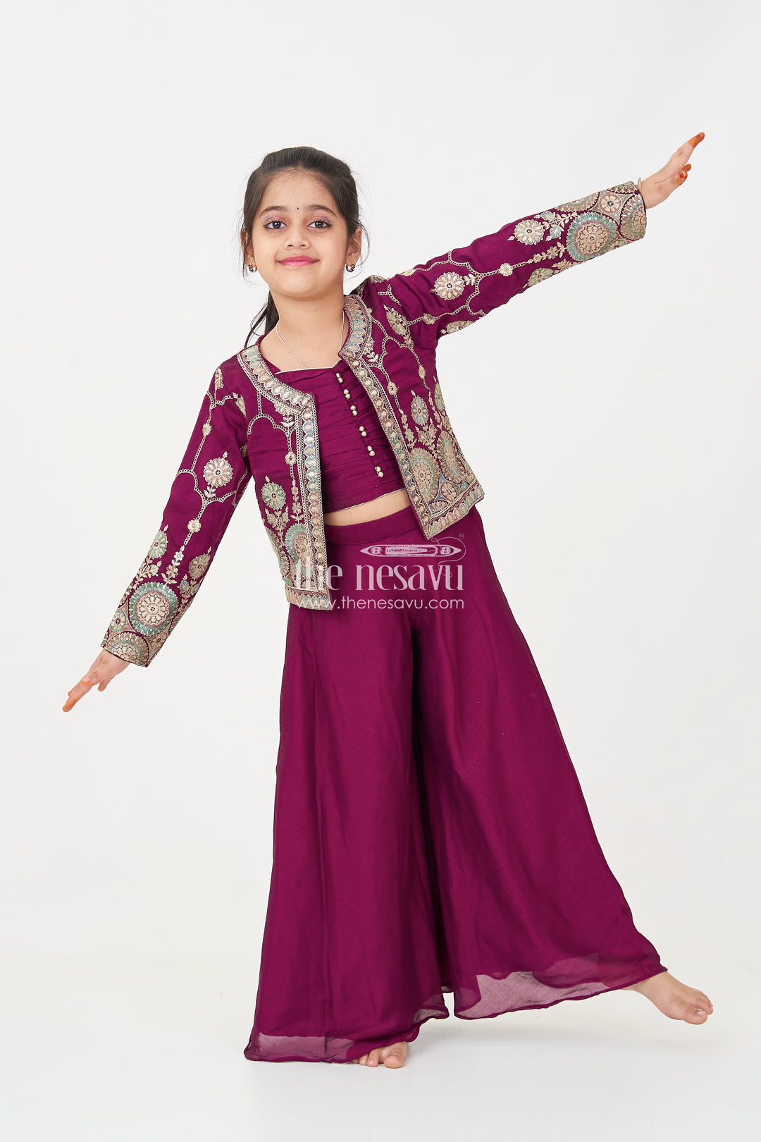 Girls Dark Purple Sharara Set with Viscose Organza Embroidered Top and Plazo Bottoms