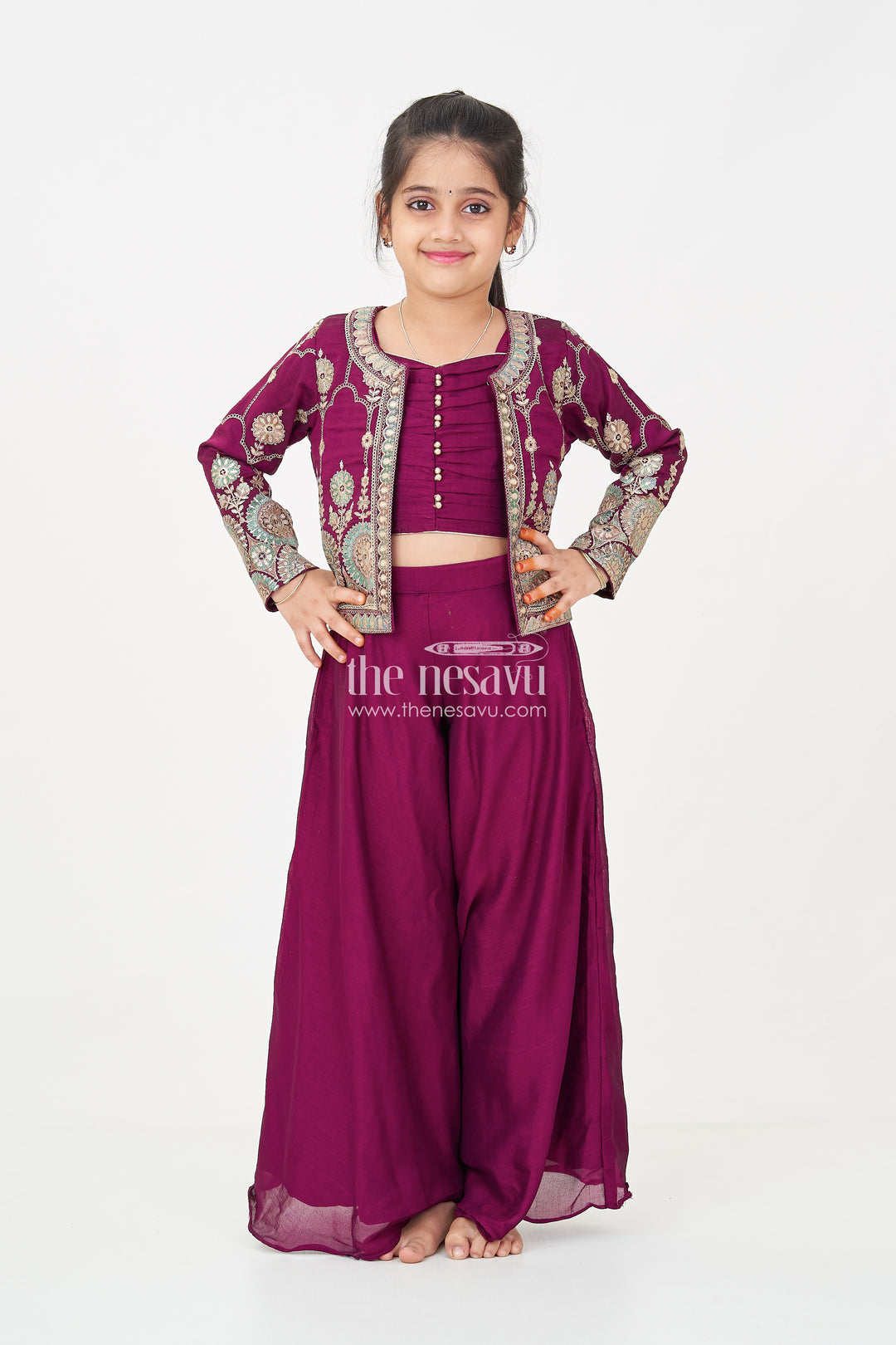 Girls Dark Purple Sharara Set with Viscose Organza Embroidered Top and Plazo Bottoms