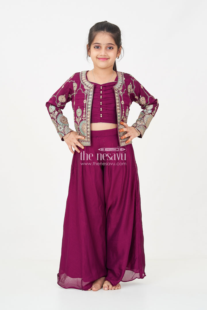 Girls Dark Purple Sharara Set with Viscose Organza Embroidered Top and Plazo Bottoms