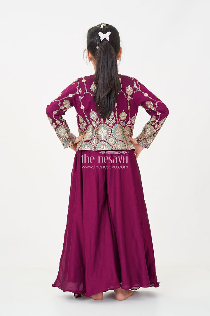 Girls Dark Purple Sharara Set with Viscose Organza Embroidered Top and Plazo Bottoms