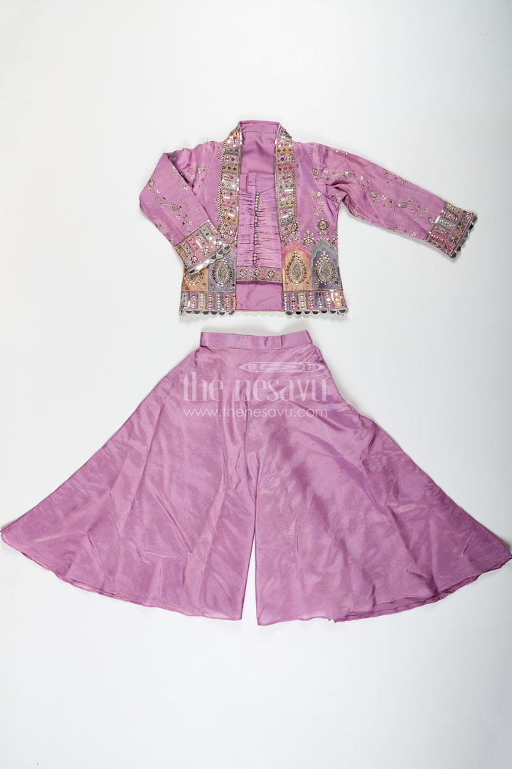 Girls Purple Sharara Set with Embroidered Jacket in Viscose Tissue and Matching Plazo