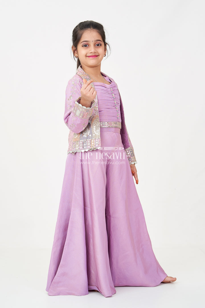 Girls Purple Sharara Set with Embroidered Jacket in Viscose Tissue and Matching Plazo