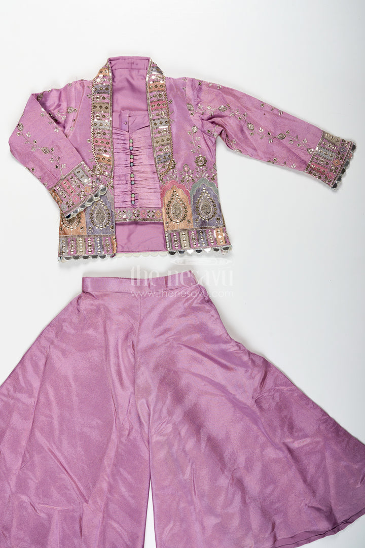 Girls Purple Sharara Set with Embroidered Jacket in Viscose Tissue and Matching Plazo