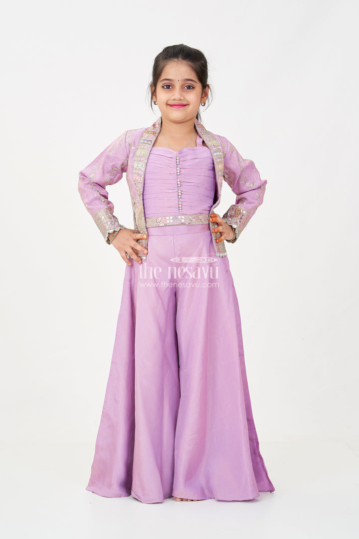 Girls Purple Sharara Set with Embroidered Jacket in Viscose Tissue and Matching Plazo