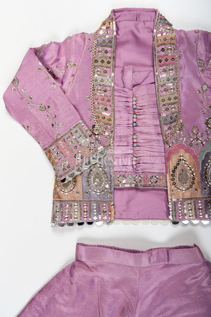 Girls Purple Sharara Set with Embroidered Jacket in Viscose Tissue and Matching Plazo