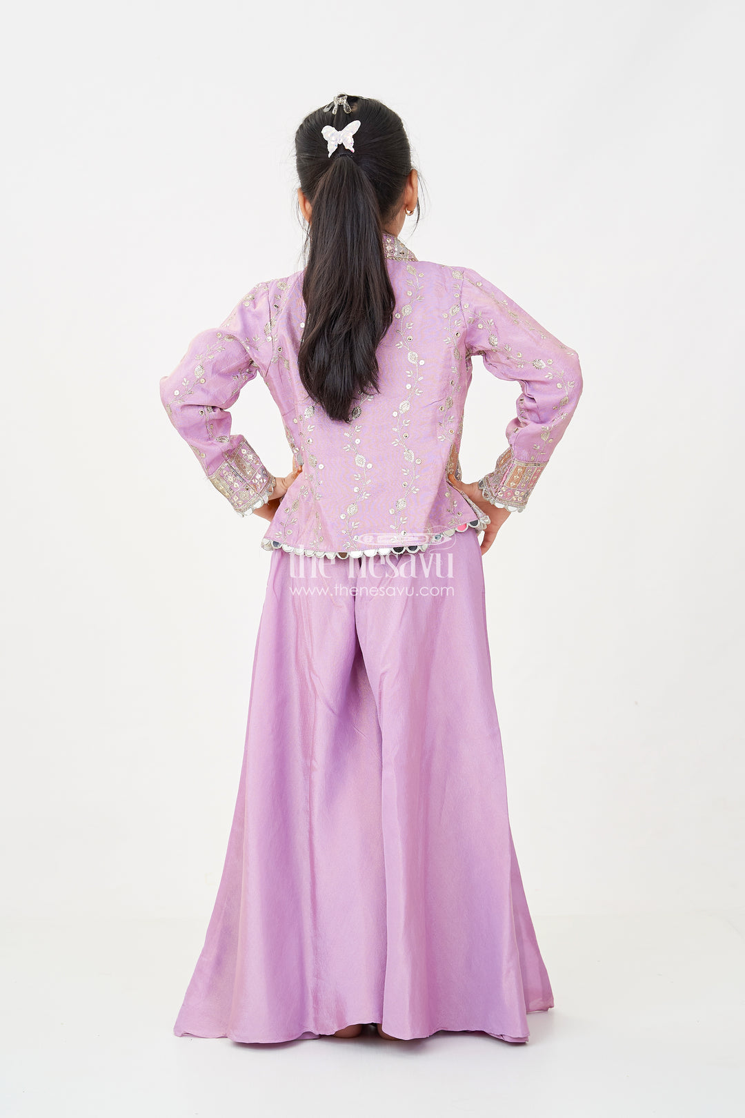 Girls Purple Sharara Set with Embroidered Jacket in Viscose Tissue and Matching Plazo