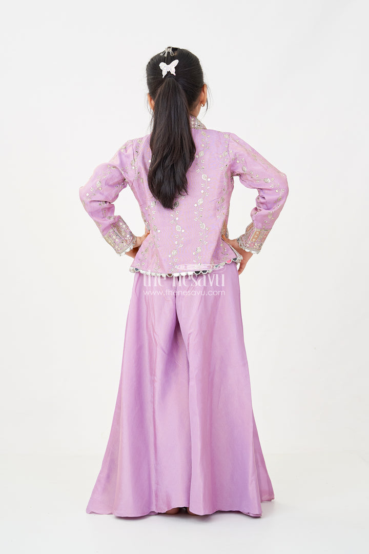 Girls Purple Sharara Set with Embroidered Jacket in Viscose Tissue and Matching Plazo
