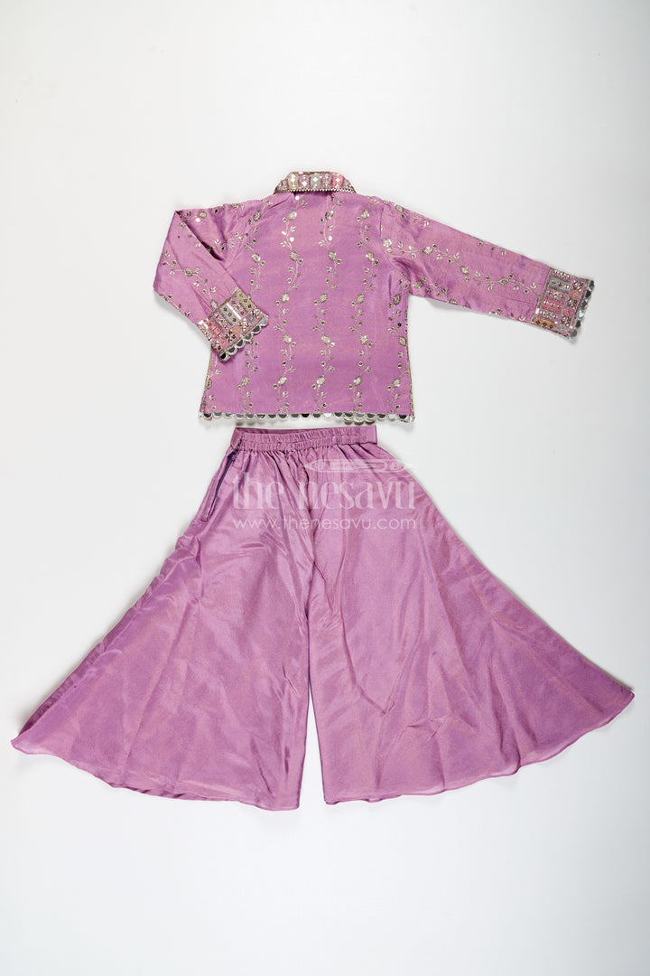 Girls Purple Sharara Set with Embroidered Jacket in Viscose Tissue and Matching Plazo