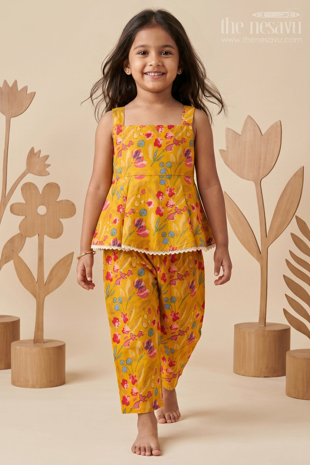 Girls Cotton Flowy Dress Style Yellow Casual Set with Floral Digital Print and Comfort Pants
