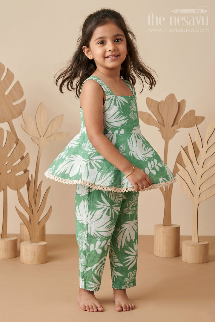 Girls Cotton Stylish Dress Green Casual Set with Leaf Digital Print and Comfortable Fit