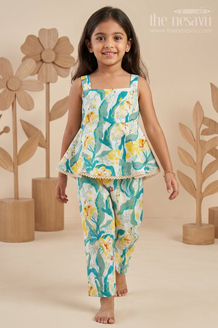 Girls Cotton Flared Dress Girls Set in Light Floral Print with Sleeveless Top and Matching Pants