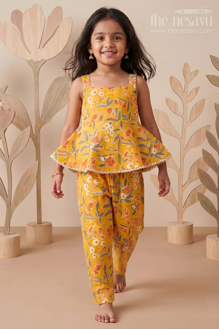 Girls Cotton Sleeveless Dresses Inspired Set in Mustard with Orange and Green Floral Prints
