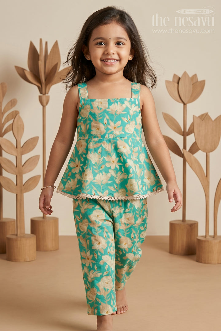 Girls Cotton Party Wear Dresses Online Style Set in Green Floral Print with Sleeveless Top
