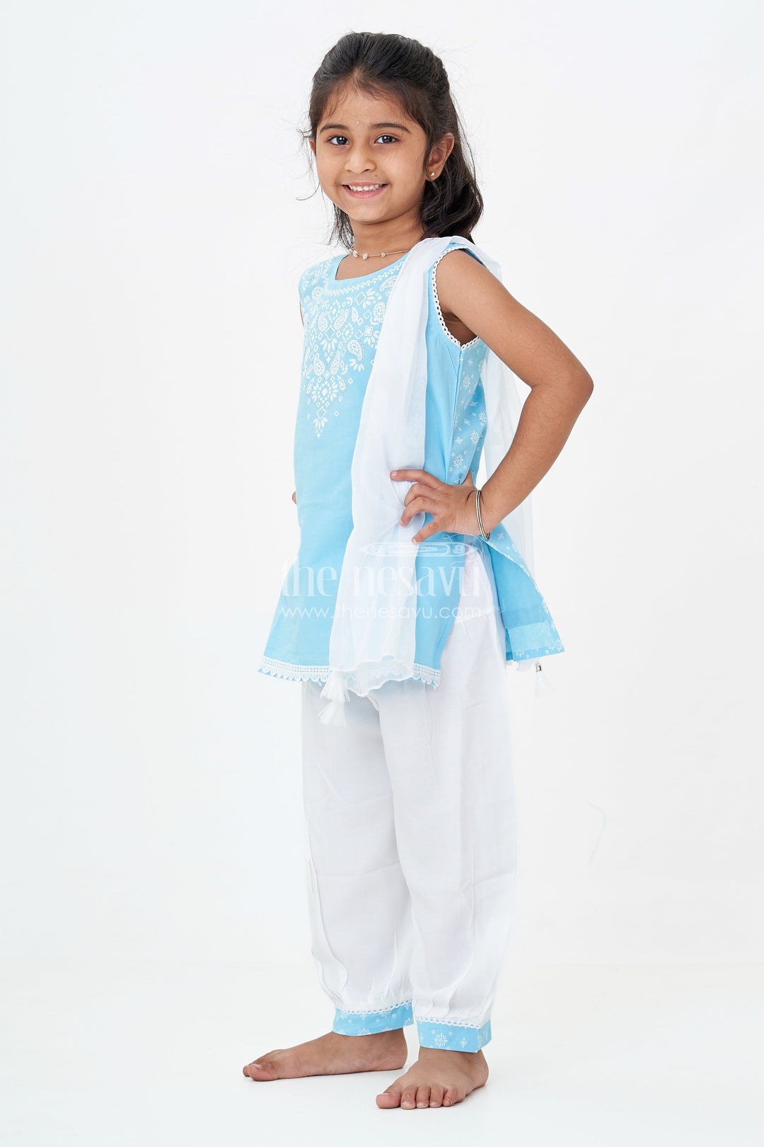 Girls Designer Chudi Set in Blue and White with Stone Embellished Yoke and Embroidered Hem