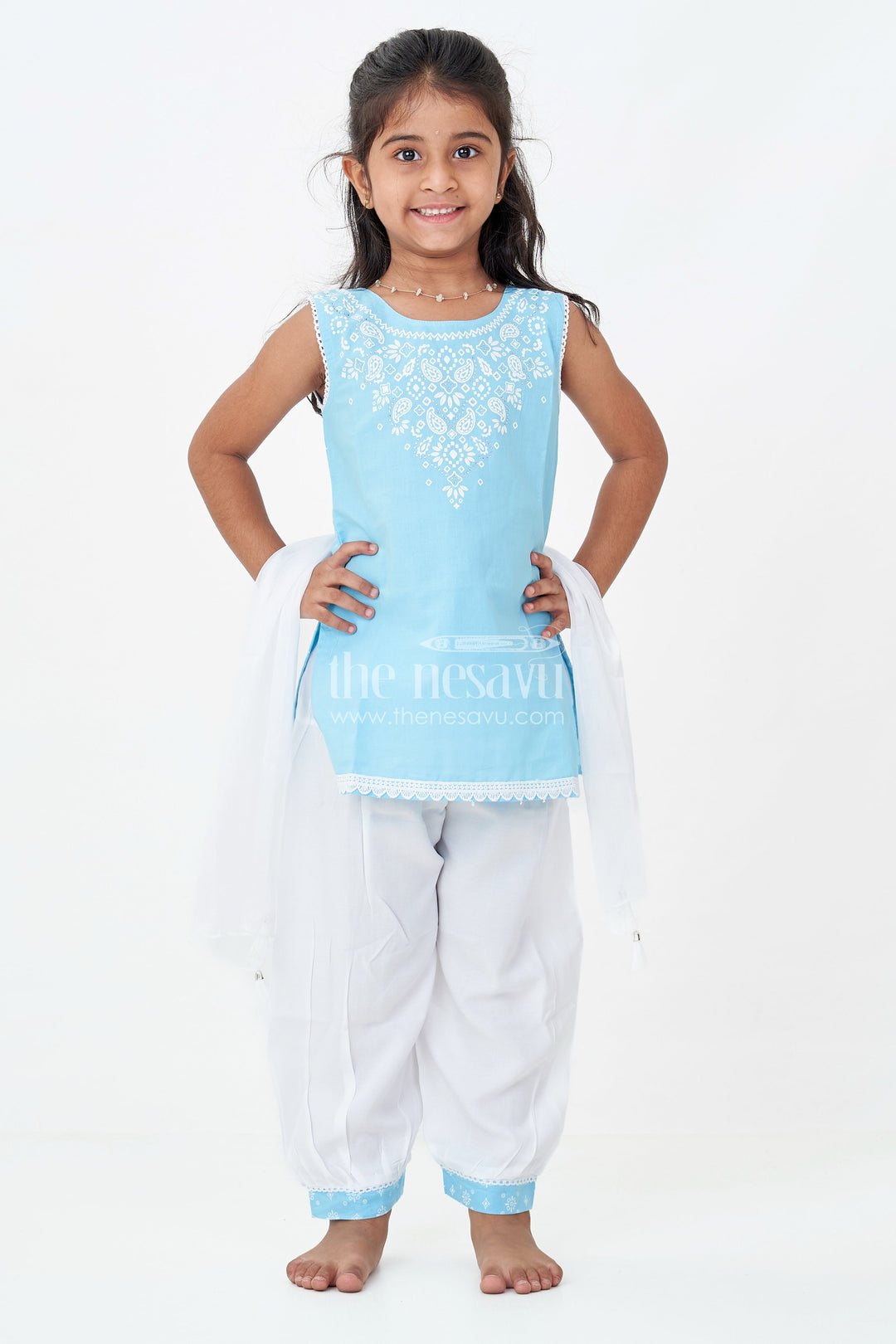 Girls Designer Chudi Set in Blue and White with Stone Embellished Yoke and Embroidered Hem